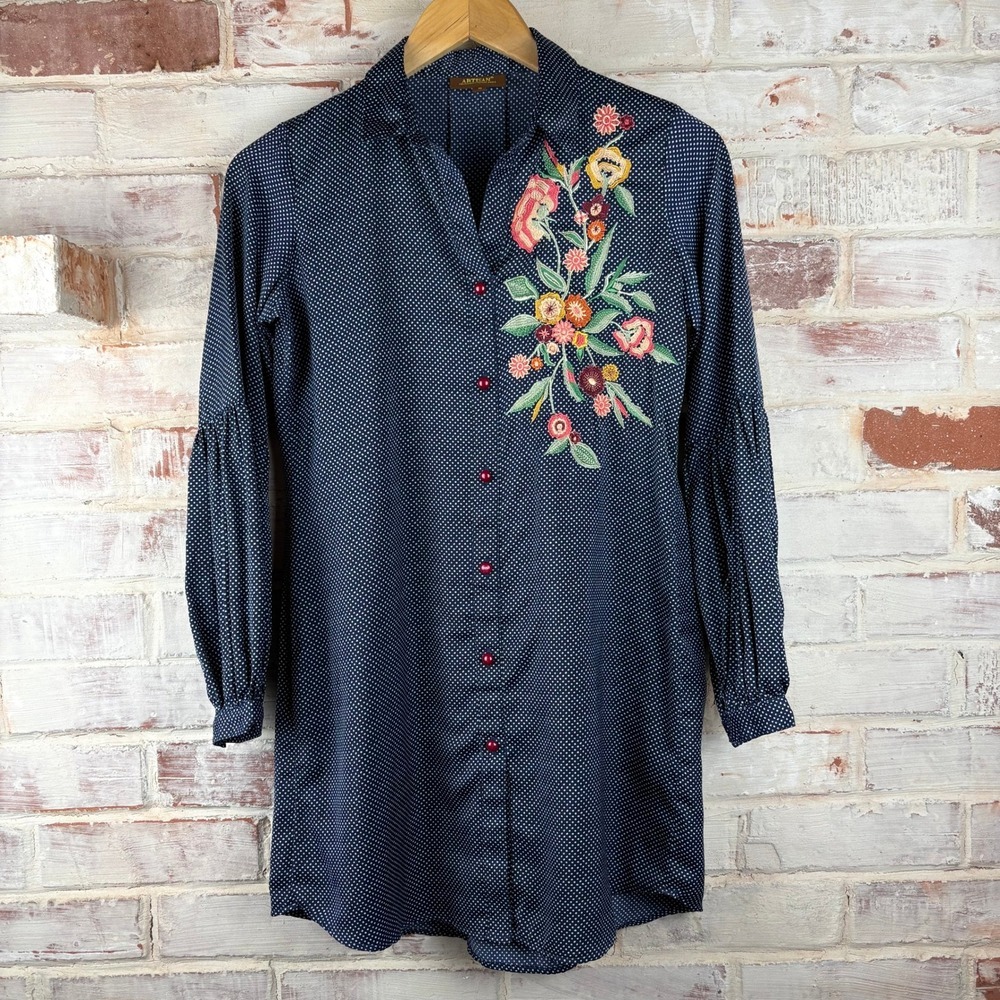 Artisan Embroidered Polka Dot Faux Shirt Dress Small Folk Art Cottagecore